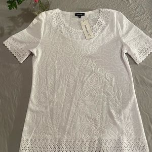 White Lace Short Sleeve Shirt Top Medium Embossed Rose Chances R NWT